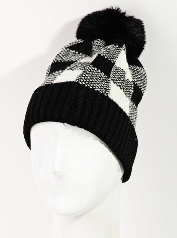Knitted Pom Checkered Beanie
