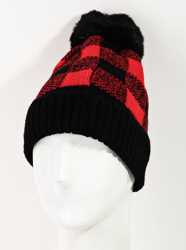 Knitted Pom Checkered Beanie