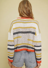 Multi Color Stripe Pullover Sweater - Ivory/Must Mix