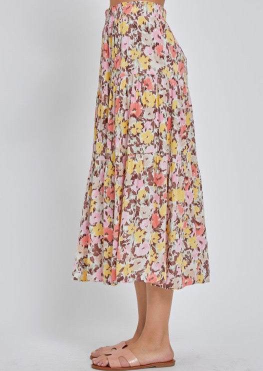 Floral Elastic Tiered Skirt