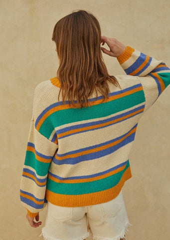 Horizontal Striped Slouchy Sweater - Taupe Green