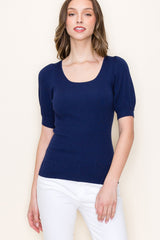 Scoop Neck Puff Elbow Sleeve Top