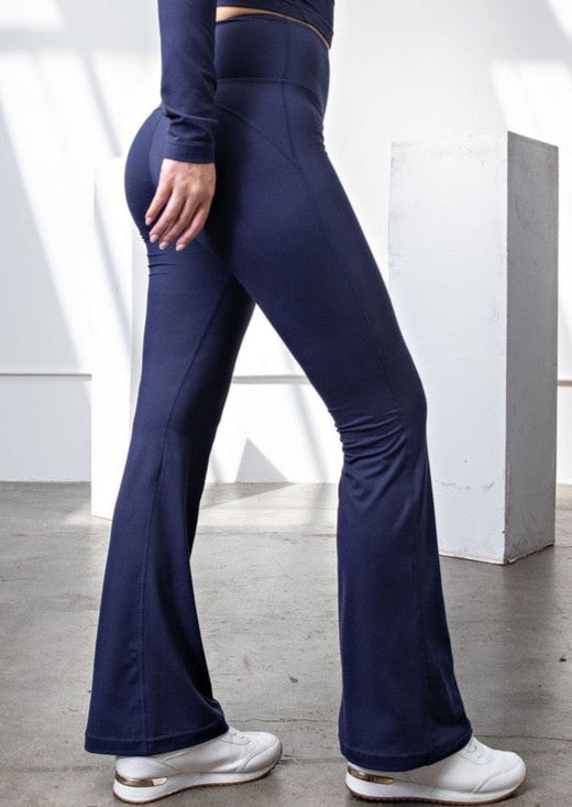 High Waist Band Bell Bottom Leggings - Navy2