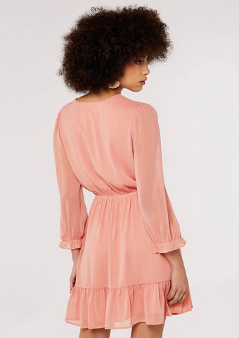 Long Sleeve Chiffon V Neck Dress - Pink 2
