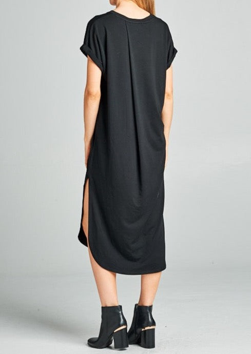 Long Basic Short Sleeve Dress - Black