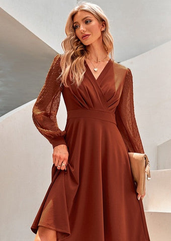 Dot Sleeve V Neck Midi Dress