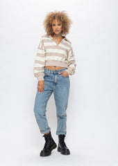 Side Zip Striped V Neck Pullover - Taupe/Cream