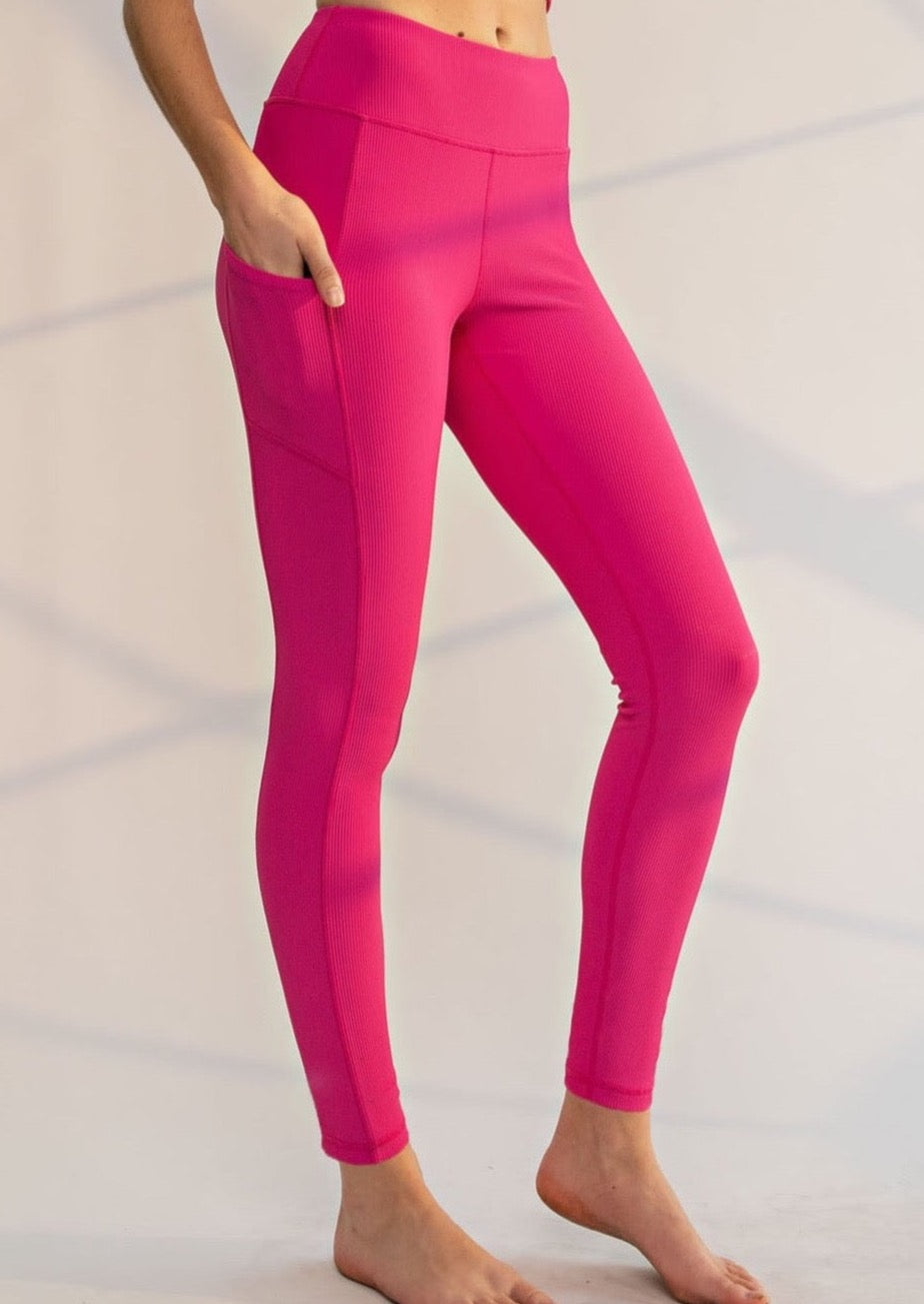 Ribbed Long Length Legging - Neon Pink