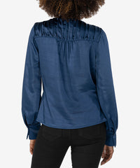 Alessandra Satin Blouse With Shirring - Navy