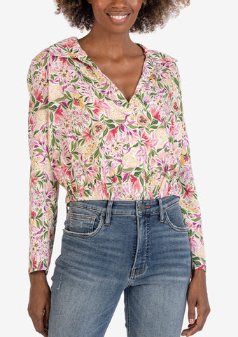 Vee Long Sleeve Overlap Blouse - Ivory/Rose