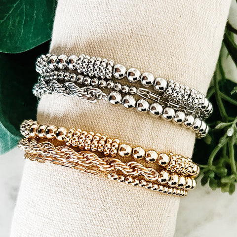3-Strand Mixed Bead & Chain Bracelet - Silver & Gold