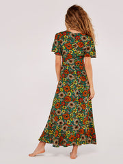 70's Floral Angel Sleeve Midi Dress - Green