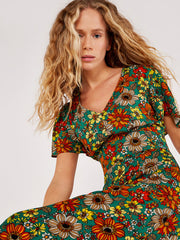 70's Floral Angel Sleeve Midi Dress - Green