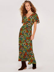 70's Floral Angel Sleeve Midi Dress - Green