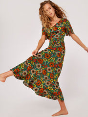 70's Floral Angel Sleeve Midi Dress - Green