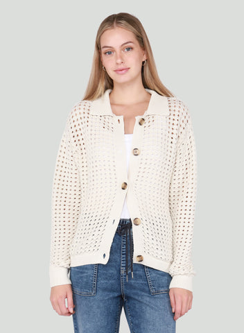 Open Stitch Button Front Cardigan - Off White